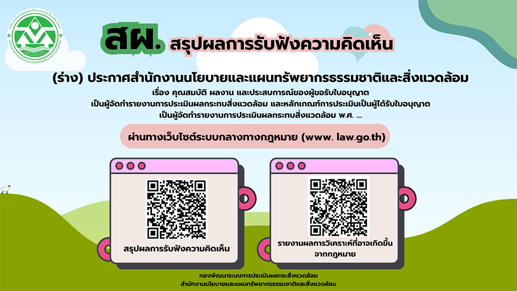 สรุปผลการรับฟังความคิดเห็น (ร่าง) ประกาศ สผ. เรื่อง คุณสมบัติ ผลงาน และประสบการณ์ของผู้ขอรับใบอนุญาตเป็นผู้จัดทำรายงานการประเมินผลกระทบสิ่งแวดล้อม และหลักเกณฑ์การประเมินเป็นผู้ได้รับอนุญาตเป็นผู้จัดทำรายงานการประเมินผลกระทบสิ่งแวดล้อม พ.ศ. ....