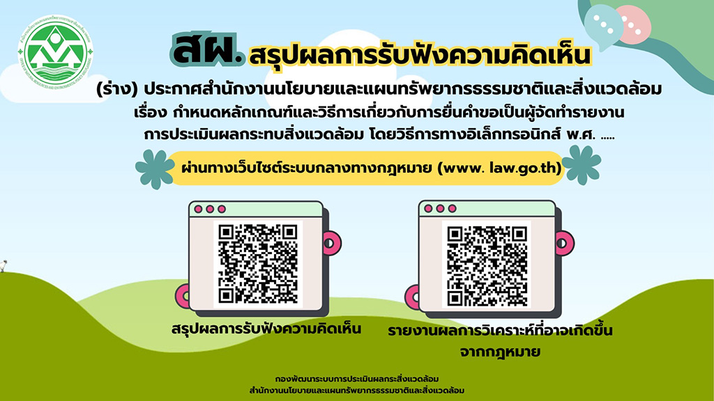 สรุปผลการรับฟังความคิดเห็น (ร่าง) ประกาศ สผ. เรื่อง กำหนดหลักเกณฑ์าและวิธีการเกี่ยวกับการยื่นคำขอเป็นผู้จัดทำรายงานการประเมินผลกระทบสิ่งแวดล้อม โดยวิธีการทางอิเล็กทรอนิกส์ พ.ศ. ..... สรุปผลการรับฟังความคิดเห็น (ร่าง) ประกาศ สผ. เรื่อง กำหนดหลักเกณฑ์าและวิธีการเกี่ยวกับการยื่นคำขอเป็นผู้จัดทำรายงานการประเมินผลกระทบสิ่งแวดล้อม โดยวิธีการทางอิเล็กทรอนิกส์ พ.ศ. .....