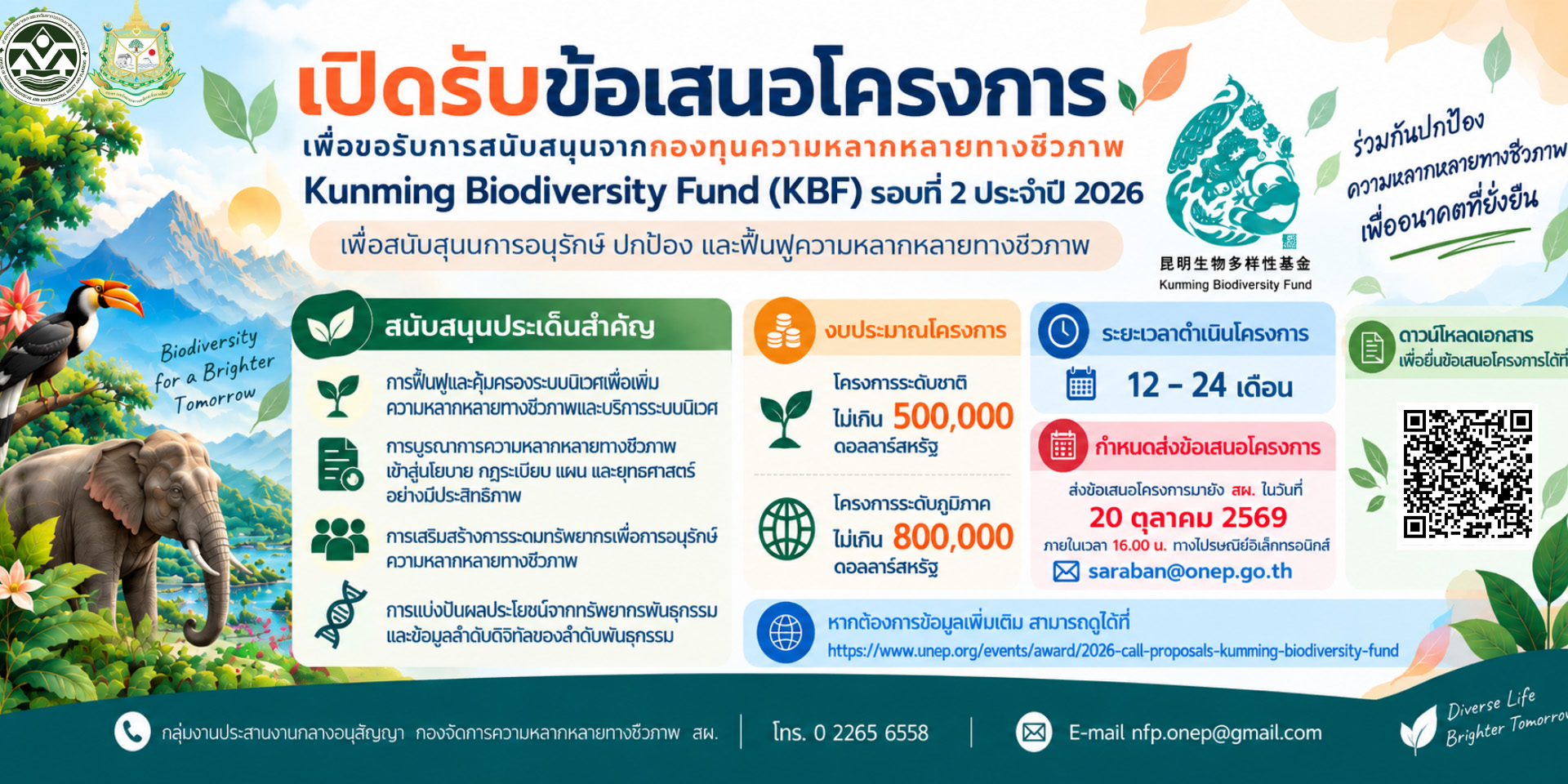 สผ. เปิดรับข้อเสนอโครงการเพื่อขอรับการสนับสนุนงบประมาณจากกองทุน Kunming Biodiversity Fund (KBF)